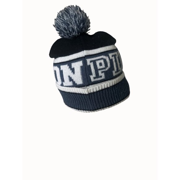 Victorias Secret PINK Nation OS / TU Black & Grey Knit Pom Pom Beanie Hat - Picture 2 of 6